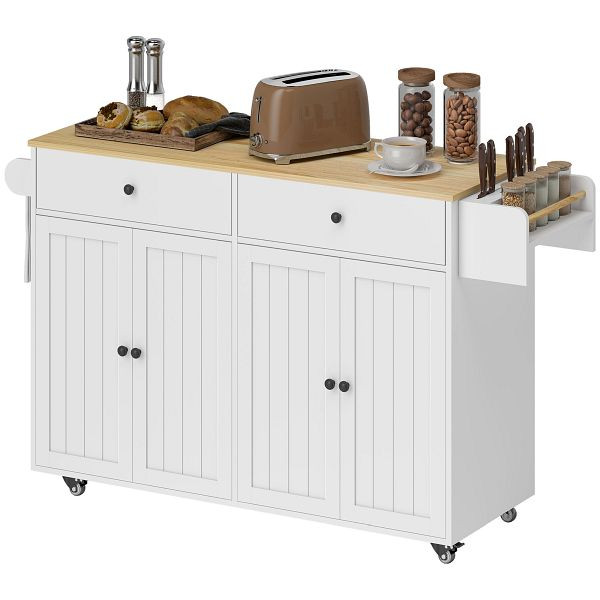 HOMCOM Rollbare Kücheninsel, 2 Schubladen, 2 Schränke, verschiebbar, Gewürzregal, Handtuchhalter, Messerhalter, MDF, Weiß, 801-401V90WT