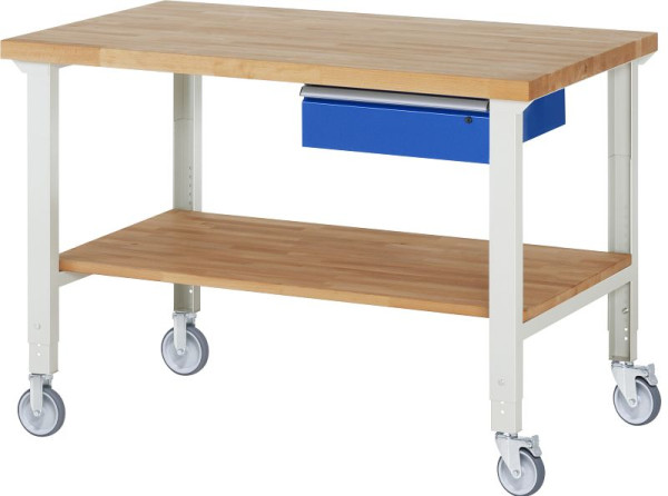 RAU Fahrbare Werkbank (höhenverstellbar) 7001A7, 1500x900x950-1000mm, je 2 Bockrollen und Lenkrollen, 05-7001A7-159B4H22.11