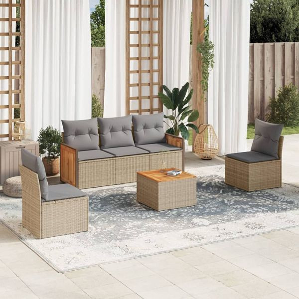 vidaXL 6-teilig Garten-Sofagarnitur mit Kissen Beige Poly Rattan, 3259938