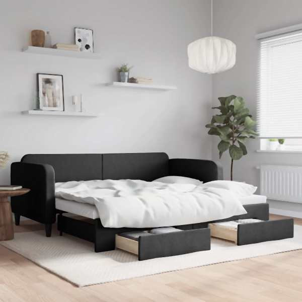 vidaXL Tagesbett Ausziehbar mit Schubladen Schwarz 90x200 cm Stoff, 3196854