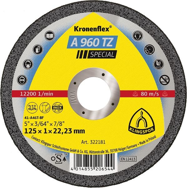 Klingspor A 960 TZ Trennscheiben 125 x 1 x 22,23 mm gerade, VE: 25 Stück, 322181