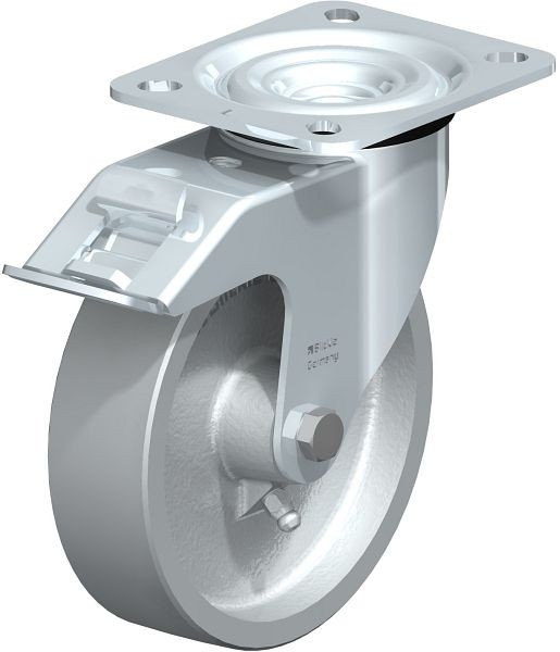 Blickle L-G 125G-FI Stahlblech-Lenkrolle, mittelschwere Ausführung, mit Anschraubplatte & Feststeller, Guss, Grau, 233429