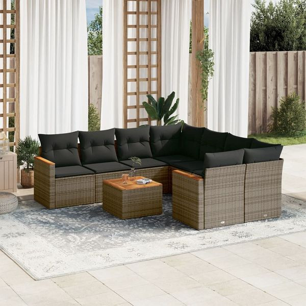 vidaXL 9-teilig Garten-Sofagarnitur mit Kissen Grau Poly Rattan, 3225829