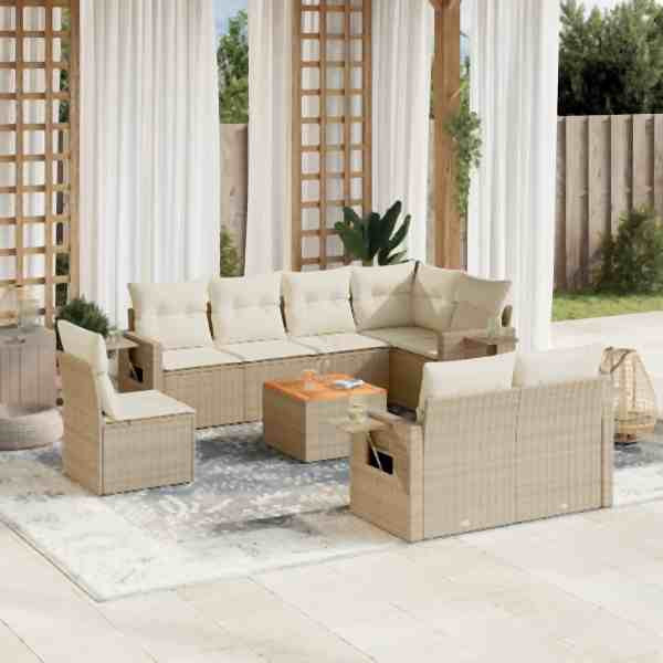 vidaXL 9-tlg. Garten-Sofagarnitur mit Kissen Beige Poly Rattan, UV-beständig, 3256989