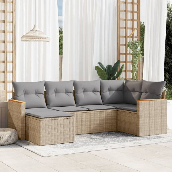 vidaXL 6-teilig Garten-Sofagarnitur mit Kissen Beige Poly Rattan, 3258580