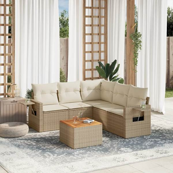 vidaXL 6-tlg. Garten-Sofagarnitur mit Kissen Beige Poly Rattan, UV-beständig, 3256891