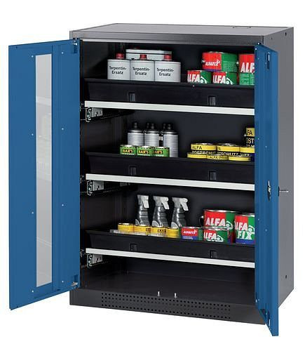 asecos Chemikalienschrank Systema-T CS-83G, Korpus anthrazit, Flügeltüren blau, 3 Tablarauszüge, 208812