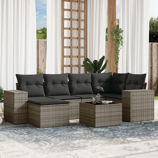 vidaXL 7-teilig Garten-Sofagarnitur mit Kissen Grau Poly Rattan, 3222869