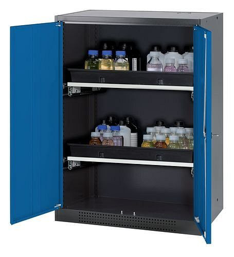 asecos Chemikalienschrank Systema-T CS-82, Korpus anthrazit, Flügeltüren blau, 2 Tablarauszüge, 208649