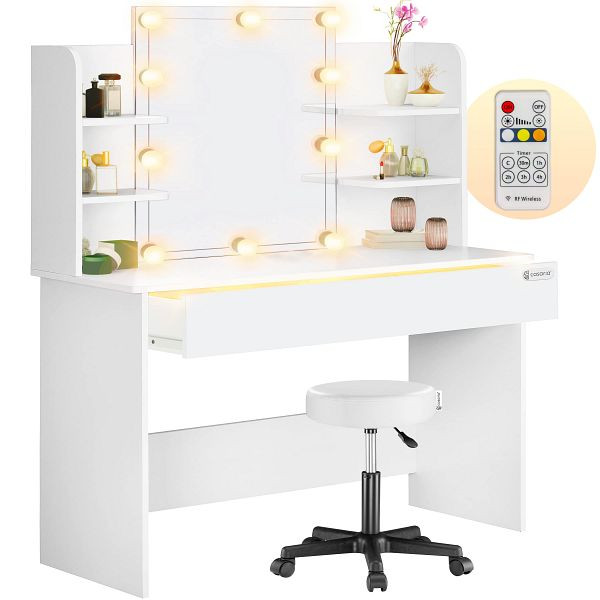 casaria Schminktisch Lucia Weiß 140x110x40cm mit LED + Rollhocker, 997374