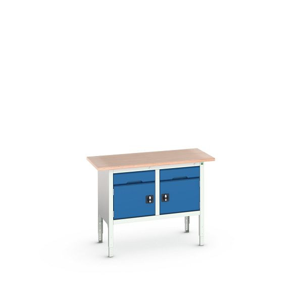 bott verso Kastenwerkbank (Multiplex-Platte) mit 2 Schubladen und 2 Türen, BxTxH: 1250 x 600 x 830 - 930 mm, Lichtgrau / Enzianblau, 16923001.11