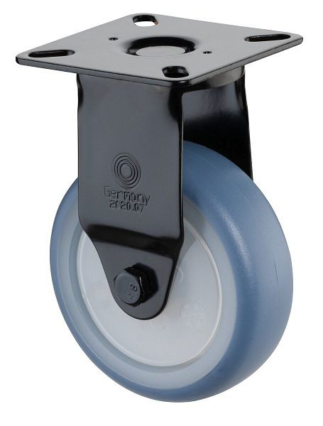 BS Rollen Bockrolle schwarz, thermoplastisches Gummirad hellblau, Felge natur, Kugellager, Platte, Durchmesser: 75 mm, VE: 4 Stück, A810.A85.075.05