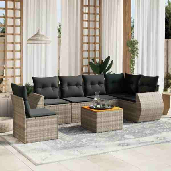 vidaXL 7-tlg. Garten-Sofagarnitur mit Kissen Grau Poly Rattan, UV-beständig, 3225031