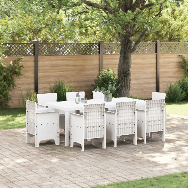 vidaXL 9-teiliges Garten Esstisch Set mit Kissen in Weiß Poly Rattan, 3378585