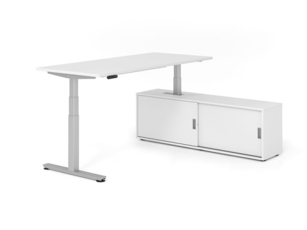 Hammerbacher Schreibtisch XDSM19, 180x80cm, Platte: Weiß, T-Fuß Gestell Silber, Höhe: 63 - 127 cm, Weiß / Weiß, VXDSM19SB/W/S/W/W