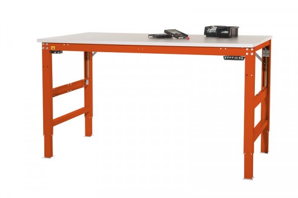 Manuflex ESD-Arbeitstisch UNIVERSAL ERGO E Memory mit Kautschukplatte, BxTxH = 1250 x 800 x 722-1002 mm, Rotorange, LU9533.2001