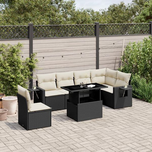 vidaXL 7-teilig Garten-Sofagarnitur mit Kissen Schwarz Poly Rattan, 3267936