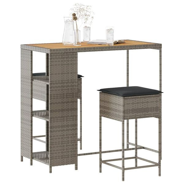 vidaXL 3-tlg. Gartenbar-Set mit Kissen Grau Poly Rattan, 3261498