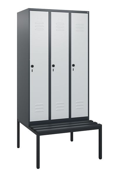 C+P Umkleidespind Classic PLUS, mit untergebauter Sitzbank, 3 Abteile, 1950x900x815mm, 7016/7035, Drehriegel, 0800505-30 S10043