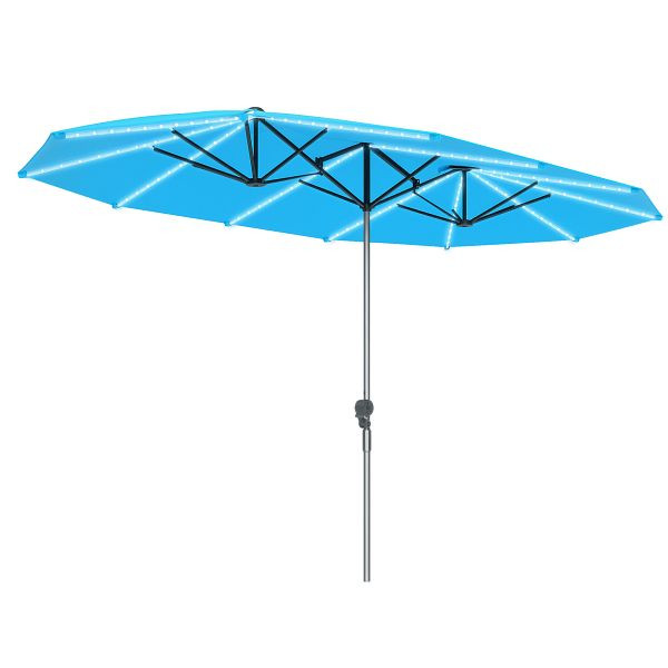 Outsunny Doppelschirm mit Solar-Lichtern, Aluminium, Polyester, UPF50+ Schutz, UV-beständig, Terrassenschirm, Blau, 84D-438V00LB