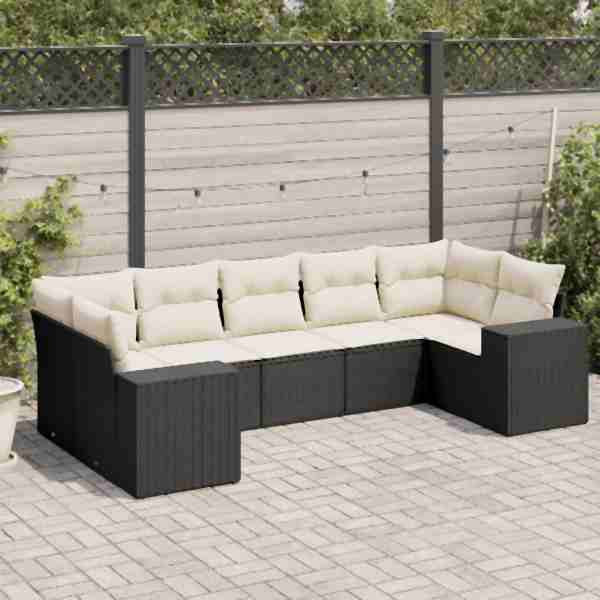 vidaXL 7-tlg. Garten-Sofagarnitur mit Kissen Schwarz Poly Rattan, UV-beständig, 3255323