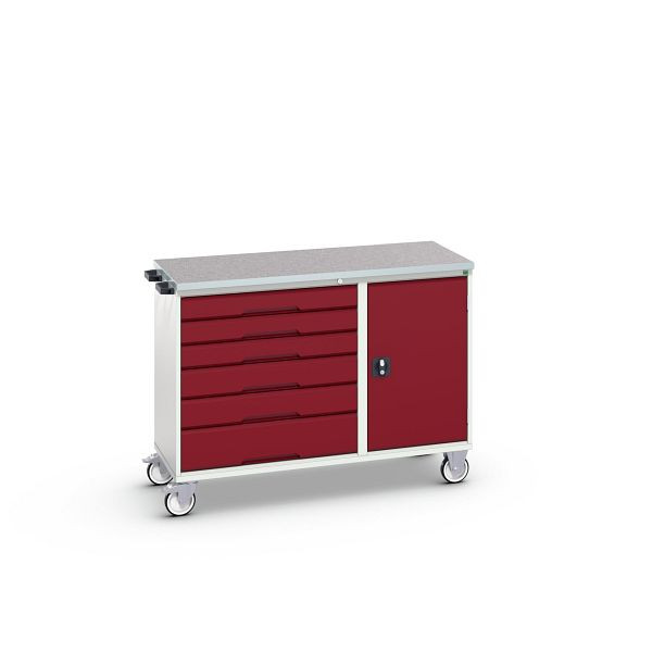 bott verso Montagewagen, mit 6 Schubladen, Tür und Linoleum-Top, BxTxH: 1300 x 600 x 980 mm, Lichtgrau / Purpurrot, 16927153.24