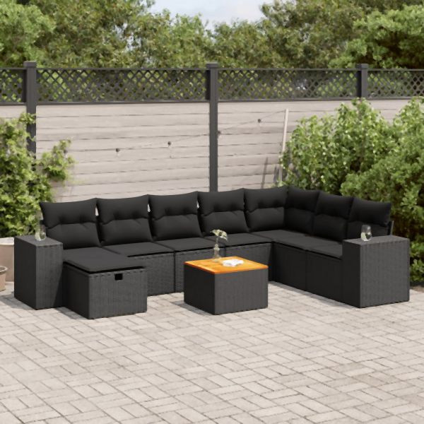 vidaXL 9-tlg. Garten-Sofagarnitur mit Kissen Schwarz Poly Rattan, 3325884