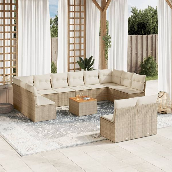 vidaXL 13-teilig Garten-Sofagarnitur mit Kissen Beige Poly Rattan, 3223895