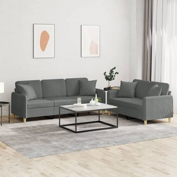 vidaXL 2-teilig Sofagarnitur mit Kissen Dunkelgrau Stoff, 3202135