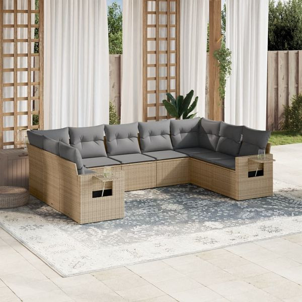 vidaXL 9-teilig Garten-Sofagarnitur mit Kissen Beige Poly Rattan, 3220598