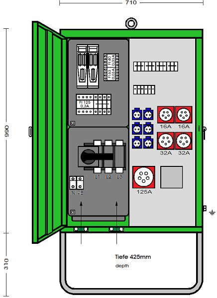 Elektra Tailfingen Verteilerschrank 138 kVA mit 2 RCD Typ B und RCD Typ A, 5 CEE-Abgänge 16-125A und 6 Schutzkontakt-Steckdosen, V 200N/A/62201-3, 183225