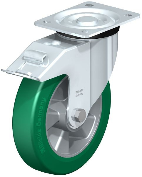 Blickle L-ALST 200K-FI Stahlblech-Lenkrolle, mittelschwere Ausführung, mit Anschraubplatte & Feststeller, Blickle Softhane®, Grün, 579441