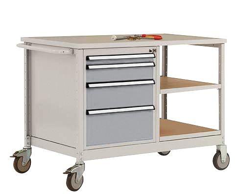 Manuflex Mobile Werkbank Modell 1 mit geölter Multiplex-Abdeckplatte 30 mm BxTxH 1135 x 590 x 810 mm, alusilber, MW2001.9006