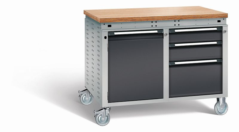 Otto Kind Werkbank Serie function Typ 252 fahrbar, Multiplexplatte 40 mm, bündig, 2x Unterbau, Gehäuse RAL 9006, Front RAL 9005, 07238313N