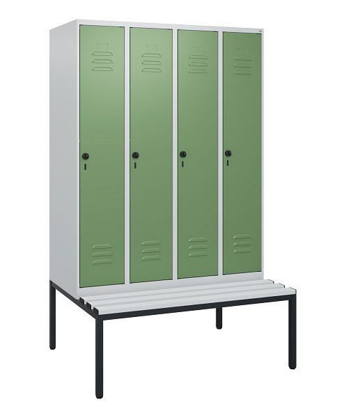 C+P Umkleidespind Classic PLUS, mit untergebauter Sitzbank, 4 Abteile, 1950x1200x815mm, 7035/6011, Drehriegel, 0800505-40 S10036