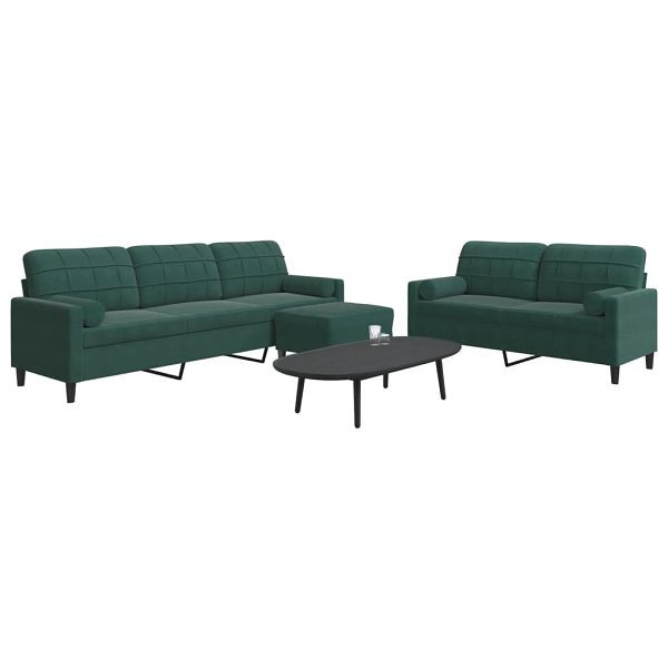 vidaXL 3-tlg. Sofagarnitur mit Kissen und Nackenrollen Dunkelgrün Samt, 3278503