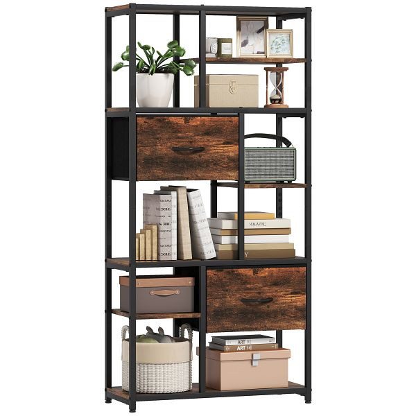 HOMCOM Aufbewahrungsregal, 2 Stoffschubladen, 9 offene Fächer, freistehendes Regal mit Stahlrahmen, Braun+Schwarz, 838-592V00RB