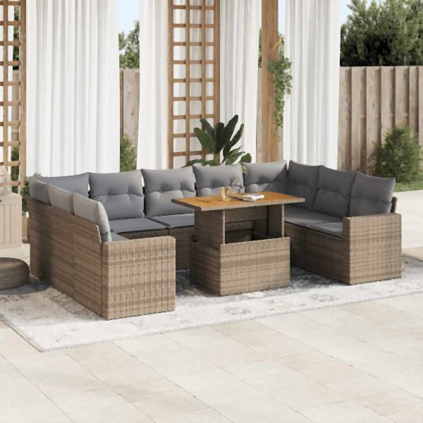 vidaXL 10-tlg. Garten-Sofagarnitur mit Kissen Beige Poly Rattan, 3327083