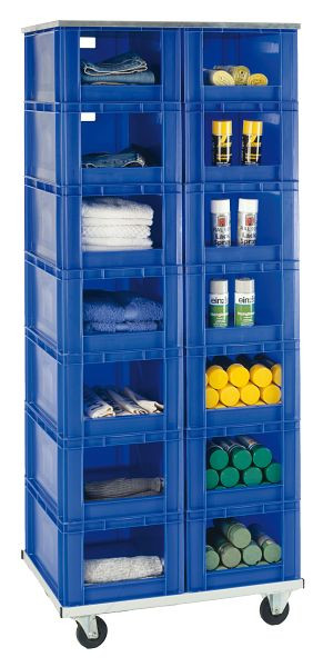 LA-KA-PE TR 14-0/R, Transport-Stapelkasten-Regal, auf Rollen, 1980 x 815 x 607 mm, Kästen in rot, 07112 00 01