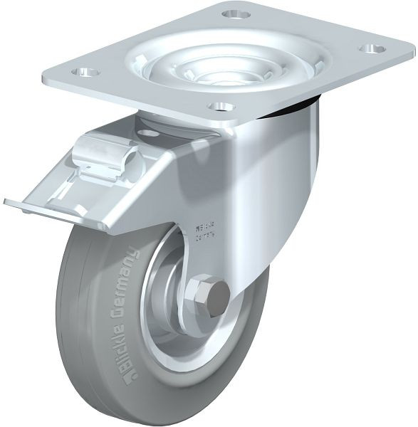 Blickle LK-RD 125R-3-FI-VLI Stahlblech-Lenkrolle, schwere Ausführung, mit Anschraubplatte & Feststeller, Zweikomponenten-Vollgummi, Grau, 688358