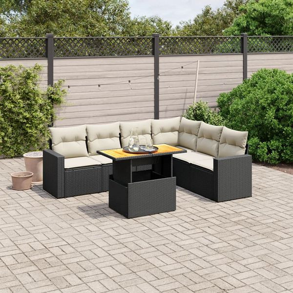 vidaXL 7-tlg. Garten-Sofagarnitur mit Kissen Schwarz Poly Rattan, 3271329