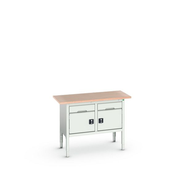 bott verso Kastenwerkbank (Multiplex-Platte) mit 2 Schubladen und 2 Türen, BxTxH: 1250 x 600 x 830 - 930 mm, Lichtgrau / Lichtgrau, 16923001.16
