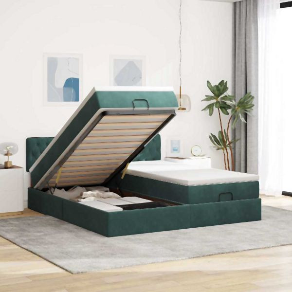 vidaXL Ottoman-Bett mit Matratzen & LEDs Dunkelgrün 200x200 cm Samt, 3312950
