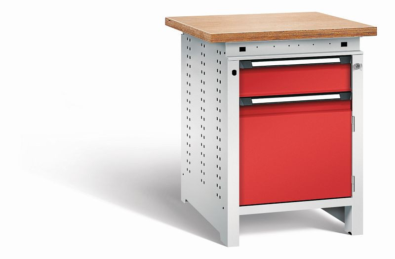 Otto Kind Werkbank Serie function Typ 105, Multiplexplatte 40 mm, überstehend, Unterbau mit Zentralverschluss, Gehäuse RAL 7035, Front RAL 3000, 072322234