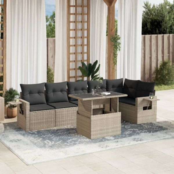 vidaXL 7-tlg. Garten-Sofagarnitur mit Kissen Hellgrau Poly Rattan, 3267922