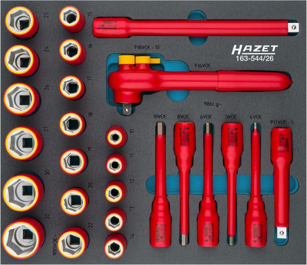 Hazet Steckschlüssel Satz, schutzisoliert, Vierkant hohl 12,5 mm, Außen-Sechskant-Tractionsprofil, Innen-Sechskant Profil, 10 - 32, 163-544/26