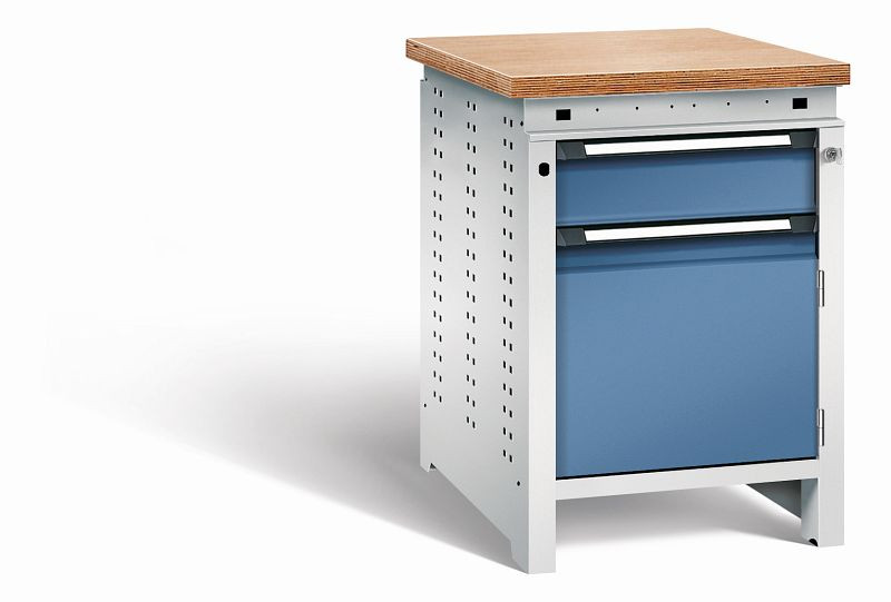 Otto Kind Werkbank Serie function Typ 105, Multiplexplatte 40 mm, bündig, Unterbau mit Zentralverschluss, Gehäuse RAL 7035, Front RAL 5023, 072322164