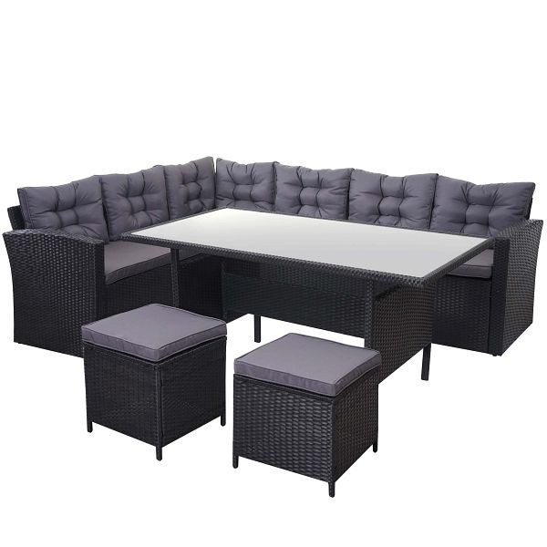Mendler Poly-Rattan-Garnitur HWC-A29, Gartengarnitur Sitzgruppe Lounge-Esstisch-Set, schwarz, Kissen dunkelgrau, mit 2x Hocker, 64392+64393