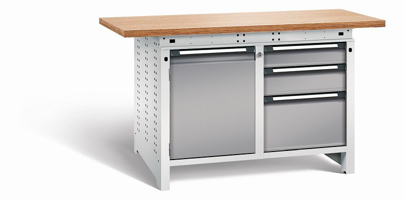 Otto Kind Werkbank Serie function Typ 213, Multiplexplatte 40 mm, überstehend, 2x Unterbau + Zentralverschluss, Gehäuse RAL 7035, Front RAL 7037, 072343267