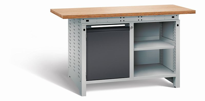 Otto Kind Werkbank Serie function Typ 210, Multiplexplatte 40 mm, überstehend, 2x Unterbau, Gehäuse RAL 9006, Front RAL 9005, 07234023N